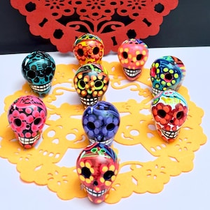 Set of (Ten)Mini Sugar Ceramic Skulls Day of the Dead Skulls, Party Favors Handmade Skeleton Mexican Art Altar and Halloween decor