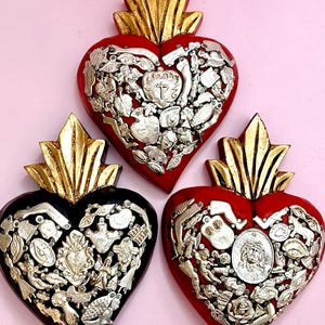 Antiqued Sacred Heart Milagros: Mexican Folk Art Wooden Wall Decor