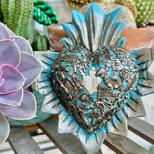 Antiqued Milagros Sacred Heart, Handcrafted Mexican Wooden Heart, Wall Decor, Mexican Folk Art Decor Wedding  Mother’s Day Gifts