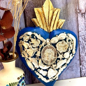 Antiqued Blue Milagros Sacred Heart  Mexican Wooden Heart Religious Heart Wall Decor, Mexican Folk Art  Miracle Charms Wedding gift