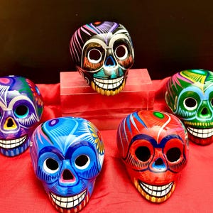 Ceramic Sugar Skulls Set of five (5) small Day of the Dead Skulls, Dia de Muertos Handmade and Handpainted  Skeleton Mexican Art Altar decor