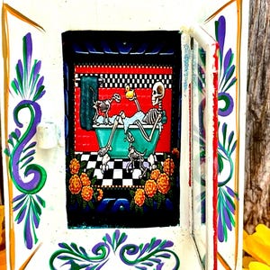 Mexican Tin Nicho Day of the Dead image  Skeleton Painted Tin Nicho Painted Shadow Box Dia de Los Muertos Mexican Tin Nicho