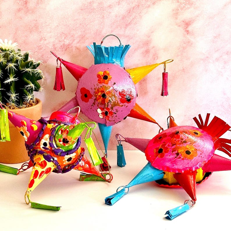 Hand Pinata Tin Punched Mexican Piñatas (set of 2) Christmas Ornaments Hand Made ...