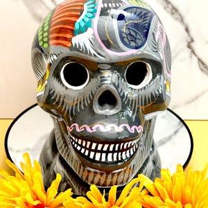 Large Ceramic Sugar Skull Hand painted Day of the Dead Skull Dia de los Muertos  Altar Decor  Halloween Colorful Skeleton Mexican Folk Art
