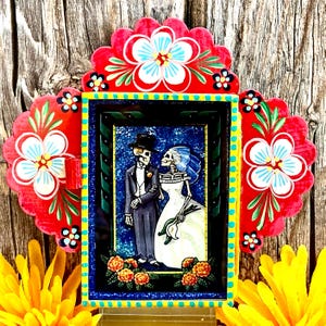 Mexican Tin Nicho Day of the Dead image  Skeleton Painted Tin Nicho Painted Shadow Box Dia de Los Muertos Mexican Tin Nicho