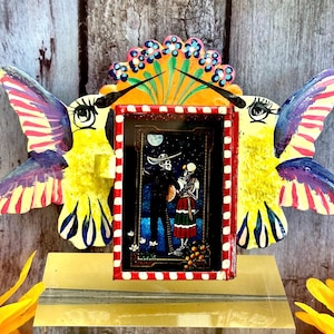 Tin Punched Day of the Dead Nicho  with Skeleton image Hand Painted  Nicho Shadow Box with a Hinged door Dia de Muertos  and Halloween Decor