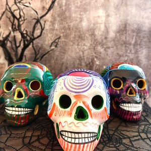 Medium Sugar Ceramic Skulls Set of three(3) Day of the Dead Skull, Dia de Muertos  Handpainted  Skeleton Halloween and Altar decor Gifts