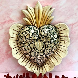 Large Antiqued Milagros Sacred Heart, Mexican Wooden Heart Hand crafted Wall Decor, Mexican Folk Art Decor Wedding  Mother’s Day Gifts