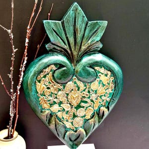 Antiqued Sacred Heart with Golden Milagros, Handcrafted Mexican Wooden Heart, Wall Decor, Mexican Folk Art Decor Wedding  Mother’s Day Gifts