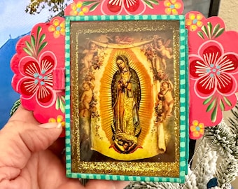 Hand-Painted Mexican Tin Nicho, Virgen de Guadalupe Shadow Box