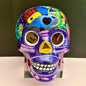 Ceramic Sugar Skull Hand painted, Day of the Dead Multicolor Skull Dia de los Muertos Skeleton, Altar Halloween Decor Mexican Folk Art