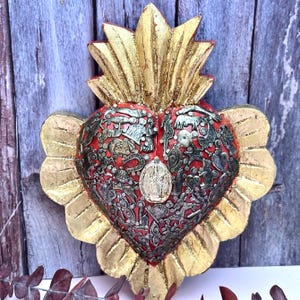 Red Milagros Sacred Heart, Mexican Wooden Heart hand crafted, Wall Decor, Mexican Folk Art Decor Wedding Gift Mother’s Day