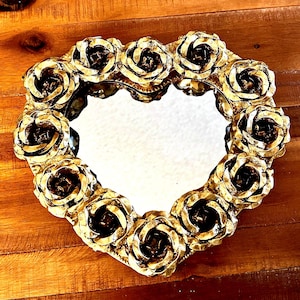 Golden Heart Mirror with Tin Roses, Handcrafted Wall Decor
