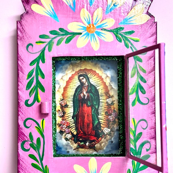 Mexican Tin Nicho Virgen de Guadalupe image  Painted Tin Nicho Painted Shadow Box Mexican Religious Nicho, Virgen de Guadalupe Nicho