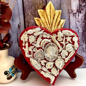 Antiqued Red Milagros Sacred Heart  Mexican Wooden Heart Religious Heart Wall Decor, Mexican Folk Art  Miracle Charms Wedding gift