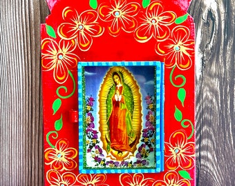 Hand-Painted Mexican Tin Nicho, Virgen de Guadalupe Shadow Box (8x5x1")