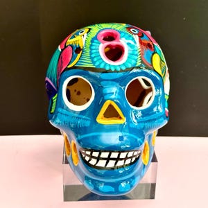 Ceramic Sugar Skull Hand painted, Day of the Dead Multicolor Skull Dia de los Muertos Skeleton, Altar Halloween Decor Mexican Folk Art