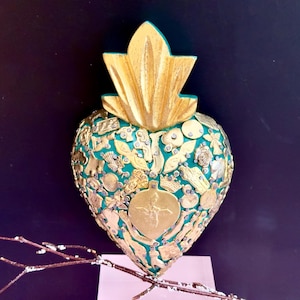 Green Milagros Sacred Heart Mexican Religious Wooden Heart  Hanging Wall Decor, Mexican Folk Art   Wedding Mother’s Day Gift
