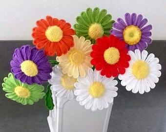 May include: A bouquet of crocheted daisies in various colors, including purple, green, yellow, orange, red, and white, arranged in a white vase. The vase has the text "Helen Leis" written on the front.