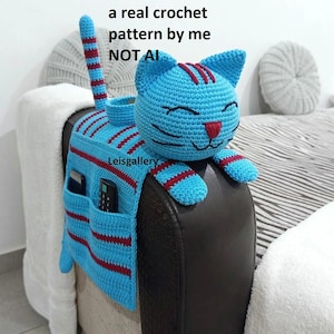 Crochet Cat Sofa Arm Organizer Pattern: Beginner-Friendly Couch Caddy, a real crochet pattern by me NOT AI