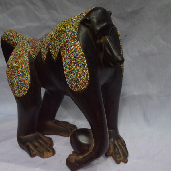 Ebenholz Holz Perlen Schimpanse Curving Skulptur Salzig Holz Antik Vintage Afrikanische Tischplatte Zeremoniell Braun
