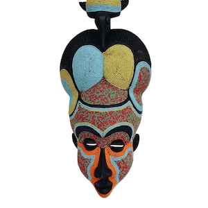 African Lualua Beaded Mask Antique Congo Wood Vintage African Wall Hanging Ceremonial Yellow