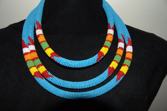 On SALE African Blue Beaded Multicolored Necklace Maasai Choker