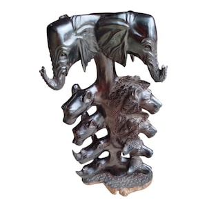 Ebony Wood Carving: African Big Five Safari Sculpture