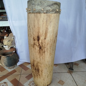 Hand-Crafted African Cowhide on Tree Trunk Drum (Unique Percussion Instrument & Home Decor) GD42