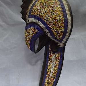 African Beaded Cockerel Mask Antique Congo Wood Vintage African Wall Hanging Ceremonial Yellow