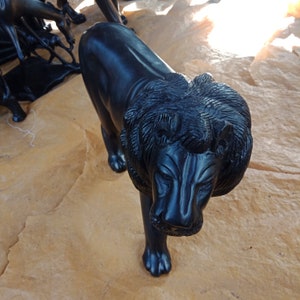 African Lion | Simba | Carving Sculpture | Wooden Antique Vintage African Table Top Ceremonial Black Brown