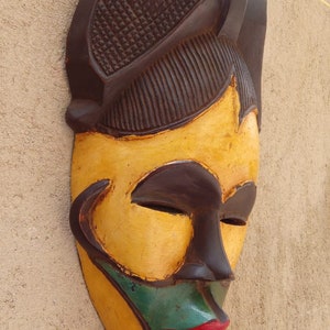 African Beaded Wooden Curved Mask Wood Antique Vintage African Wall Hanging Ceremonial Yellow Green