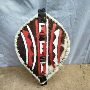 On sale Earthy Tones: Maasai Woolly Mosaic Shield (Brown, Red & White) Tribal Handcrafted African Zulu Warrior Design gift GD21