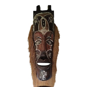 Authentic African Tribal Mask Handcrafted Ceremonial Art Mask with Ritual Adornment Fiber Accents Gift for Him Giant Mask Extra Large Decor