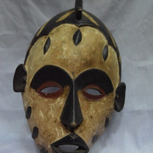 African Wooden Curved Mask Wood Antique Vintage African Wall Hanging Ceremonial White Brown