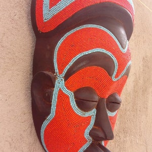 African Lualua Mask Antique Congo Wood Vintage African Wall Hanging Ceremonial Red