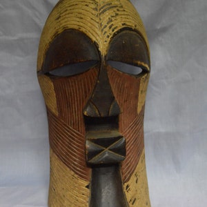 African Songe Mask Congo Wood Antique Vintage African Wall Hanging Ceremonial Yellow