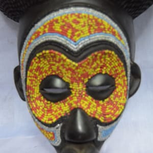 African IBO Beaded Mask Antique Nigeria Wood Vintage African Wall Hanging Ceremonial Yellow
