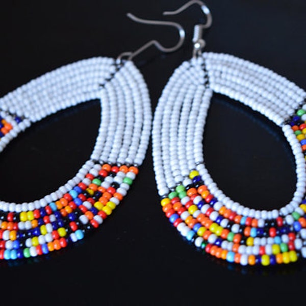 ON SALE Beautiful African White Maasai | Masai Ladies Earrings | Beaded Handmade Earrings | Masai Mara Kenya