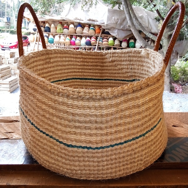 African Sisal Kiondo Hand bag Beige Green Beach Bag  Handmade Valentines Gift African Decor Shopping Bag Laundry Basket Fibre Art