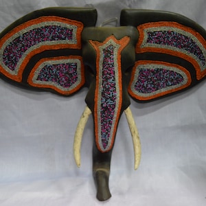 African Elephant Beaded Mask Antique Congo Wood Vintage African Wall Hanging Ceremonial Brown Red