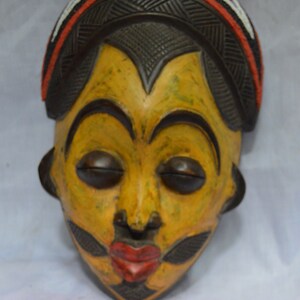 African Beaded Wooden Curved Mask Wood Antique Vintage African Wall Hanging Ceremonial White Brown