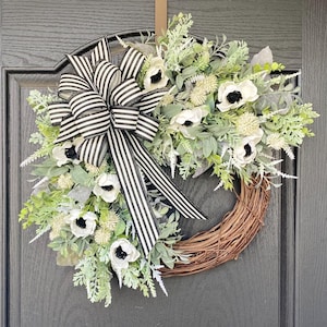 Spring Wreath for Front Door with White Flowers, Lambs Ear Wreath with Flowers, YearRound Greenery Cottagecore Wall Decor, Housewarming Gift