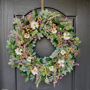 Wildflower Wreath For Front Door, Spring Wreath with Ferns, Eucalyptus Wreath with White Flowers, Year Round Greenery Wreath, Gift for Her