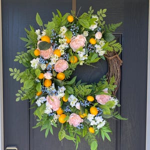 Lemon Wreath for Front Door, Summer Wreath with Lemons, Blueberry Wreath for Spring, White Floral Wreath, Housewarming Gift, Gift for Her
