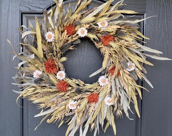 Fall Foliage Wreath for Front Door, Neutral Autumn Grass Wreath, Beige Fall Wreath with Wheat, Fall Wildflower Wreath for Door, Door Decor
