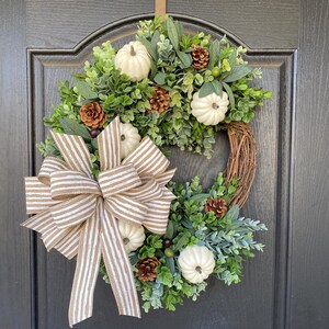 Fall Wreath for Front Door, Autumn Front Porch Door Decor, Olive Branch Fall Wreath, Fall Wreath with White Pumpkins, Farmhouse Fall Wreath