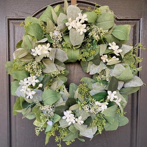 Spring Wreath for Front Door, Eucalyptus Wreath with White Flowers, Year Round Greenery Wreath, Cottage Core Wall Decor, Housewarming Gift