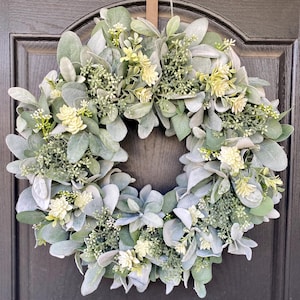 Lambs Ear Wreath for Front Door, Spring Wreath with Eucalyptus and White Flowers, Year Round Greenery Door Decor, Housewarming Gift for Her