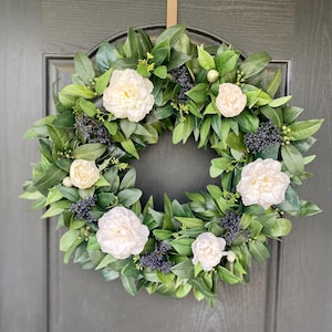 Spring Wreath for Front Door, Eucalyptus and White Florals, Year Round Greenery Wreath, Cottage Core Wall Decor, Housewarming Gift for Her
